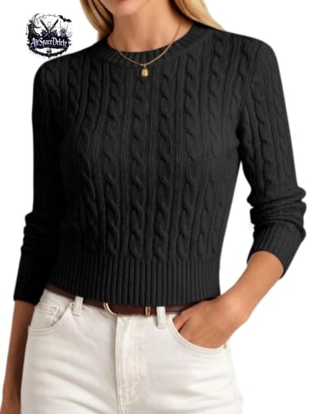 Cable Knit Cropped Sweater Pullover Crew Neck Long Sleeve